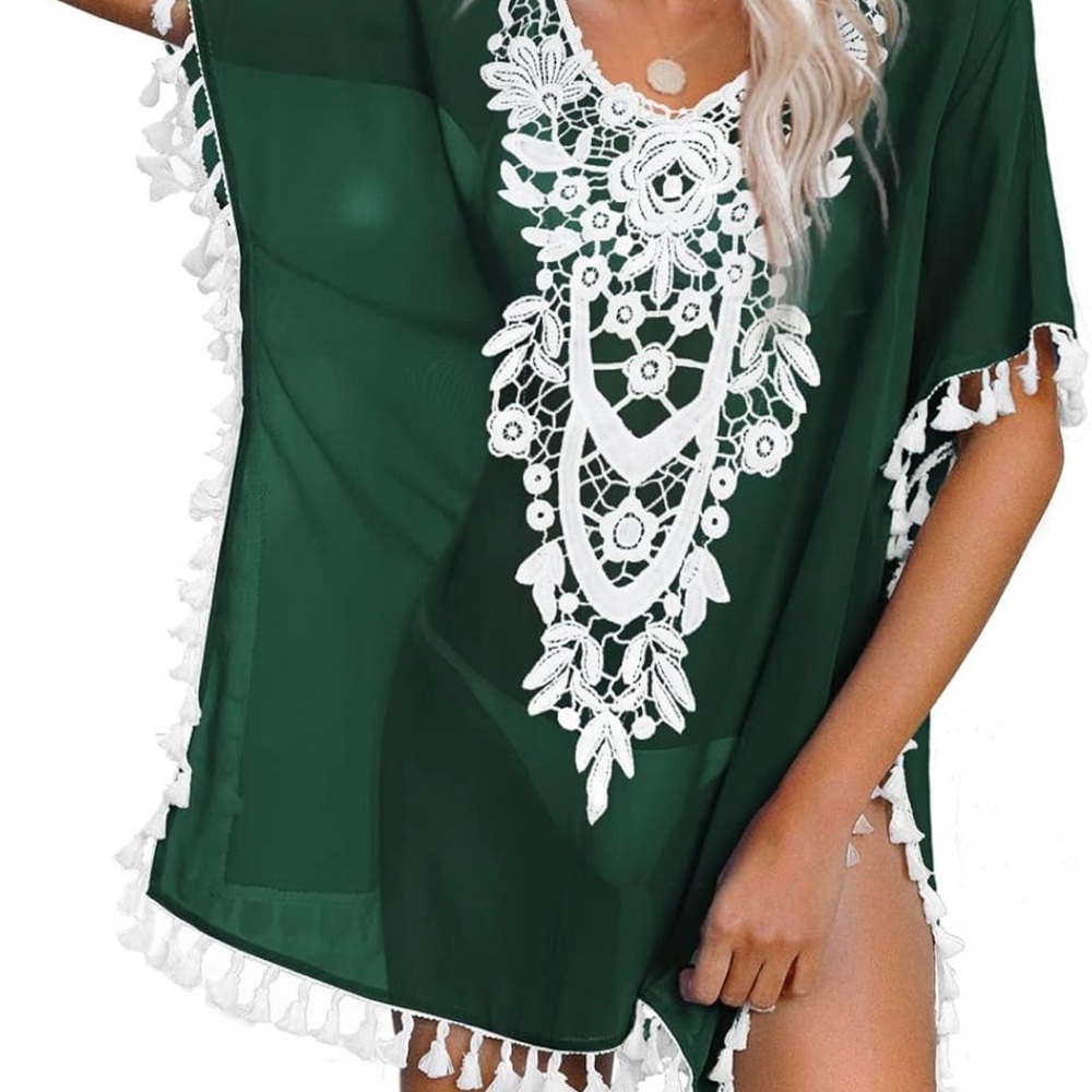 Elegant Green Swim Cover-Up with White Embroidery size S/M